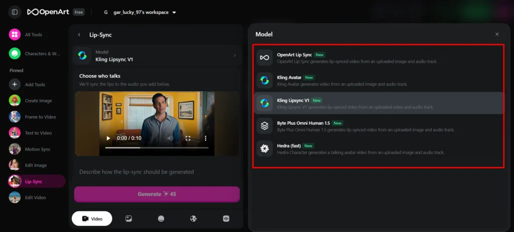 Lip Sync Models on OpenArt